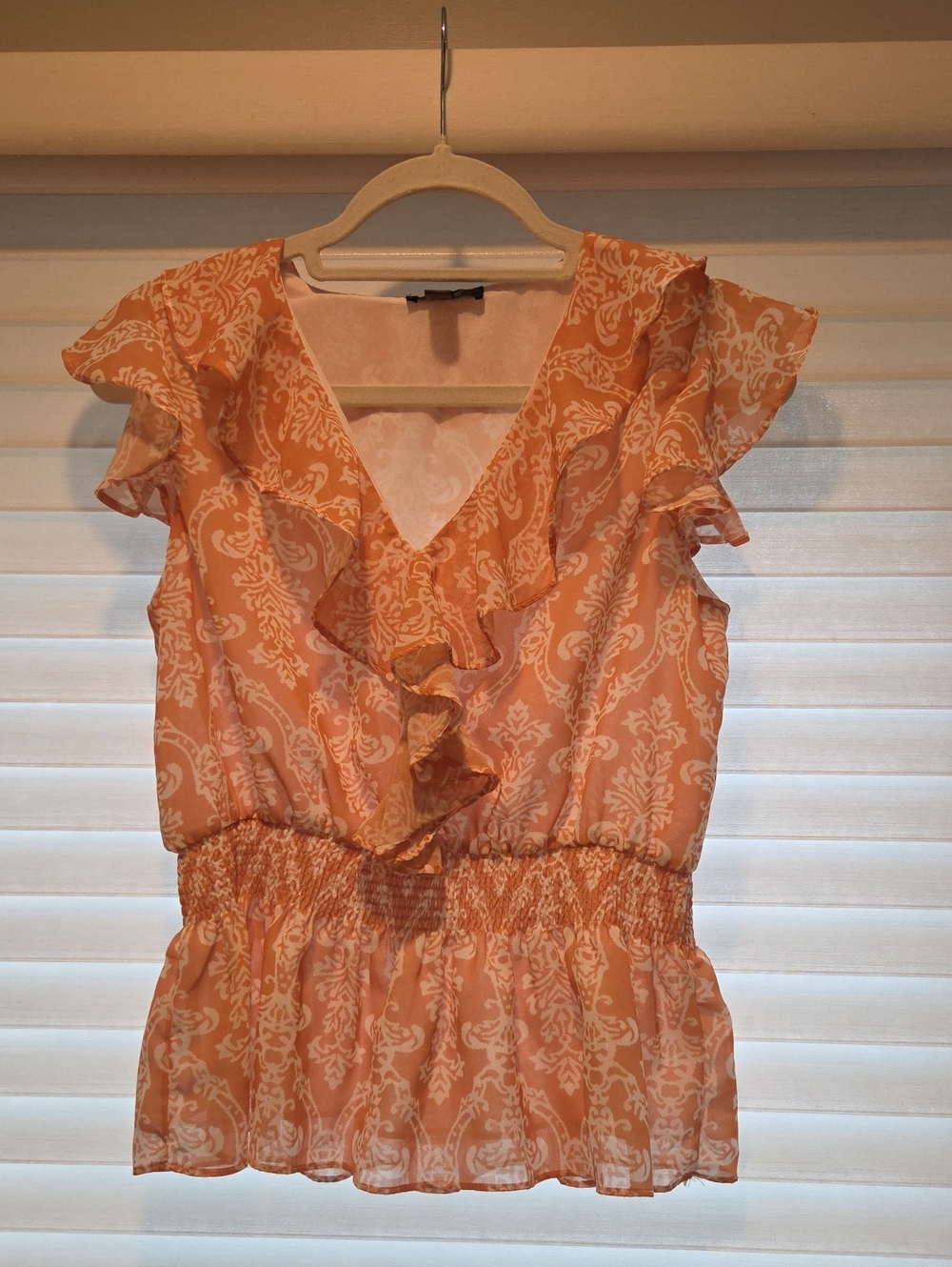 Peach Ruffle V-Neck Blouse with Smocked Waist